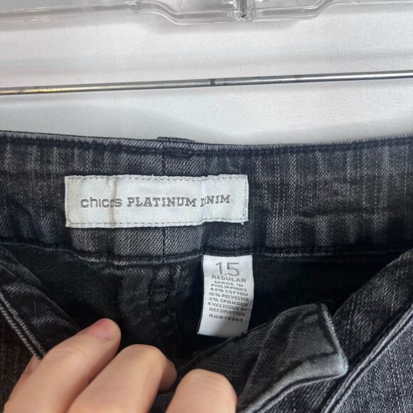 Chicos Platinum Denim Faded Black Ultimate Fit Barely Flare Leg Jeans 1.5 (10) - Picture 6 of 8